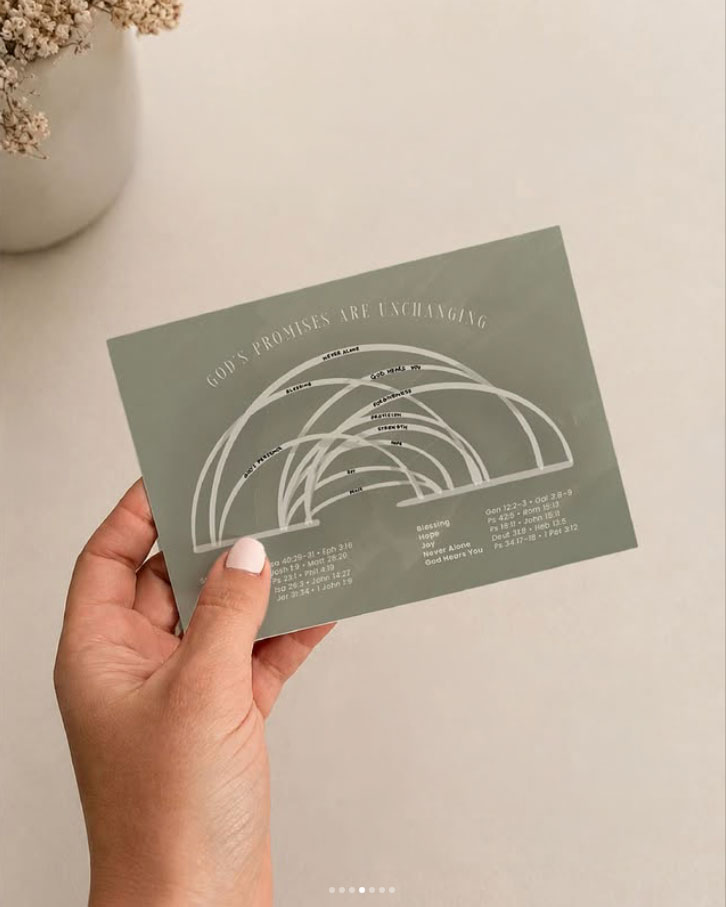 A hand holding a Bible keepsake infographic card, "God's Promises Are Unchanging"