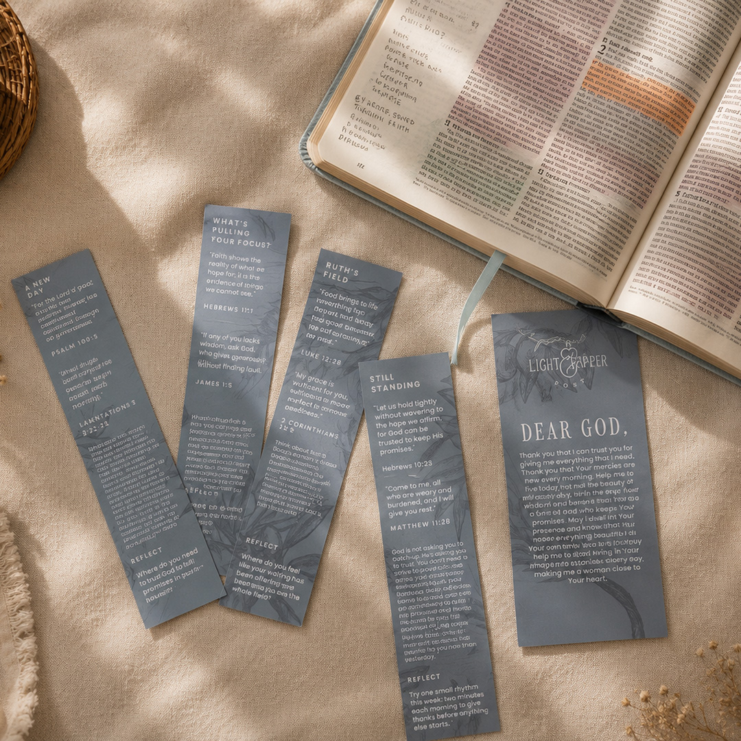 Guided Bible study bookmarks laid out beside an open Bible