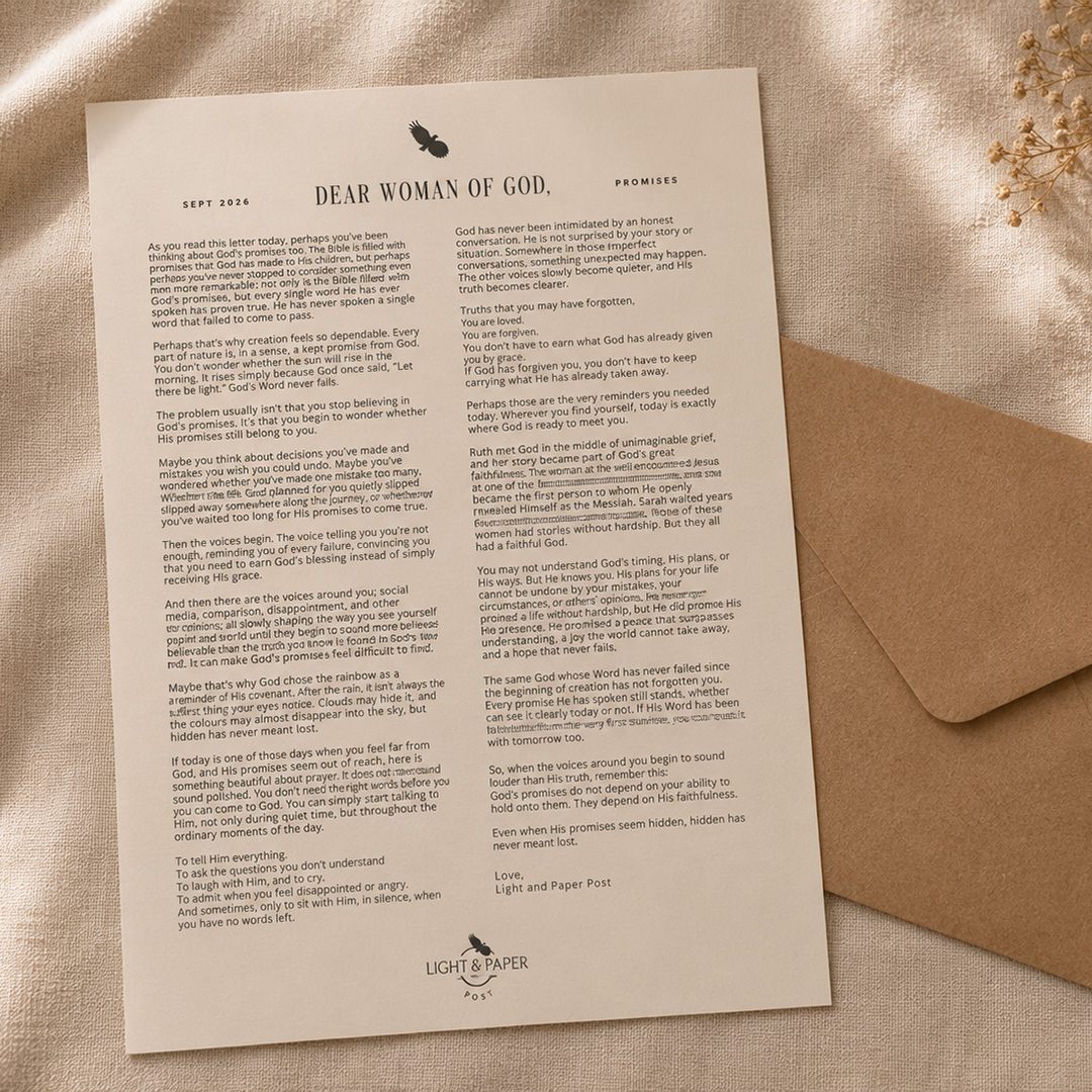 Handwritten-style letter, "Dear Woman of God", beside a kraft envelope