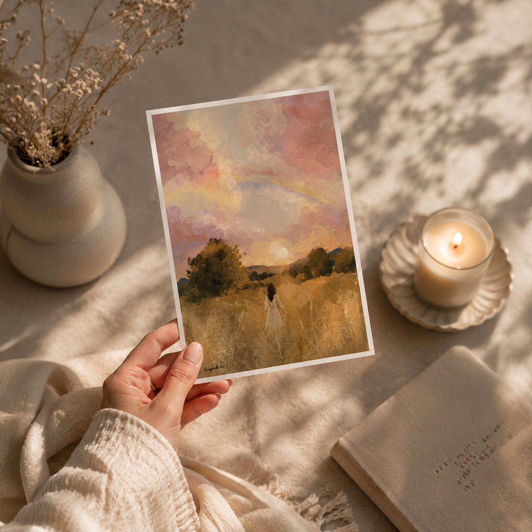 A hand holding an original illustrated artwork print of a woman walking through a golden field