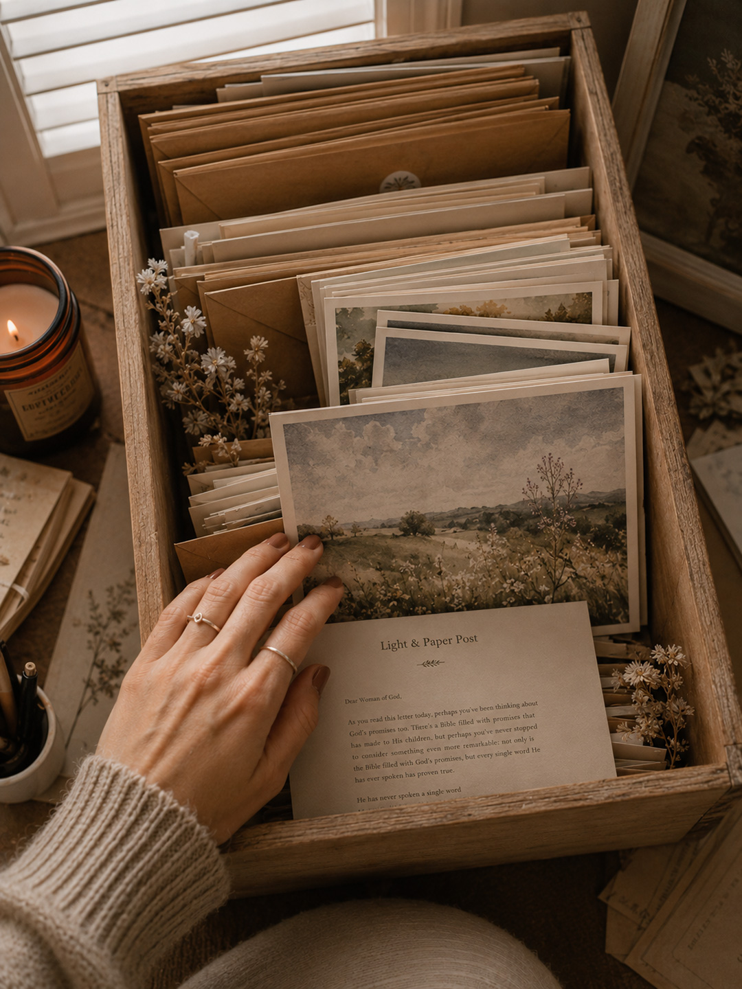 A keepsake box holding a growing collection of Light & Paper Post envelopes