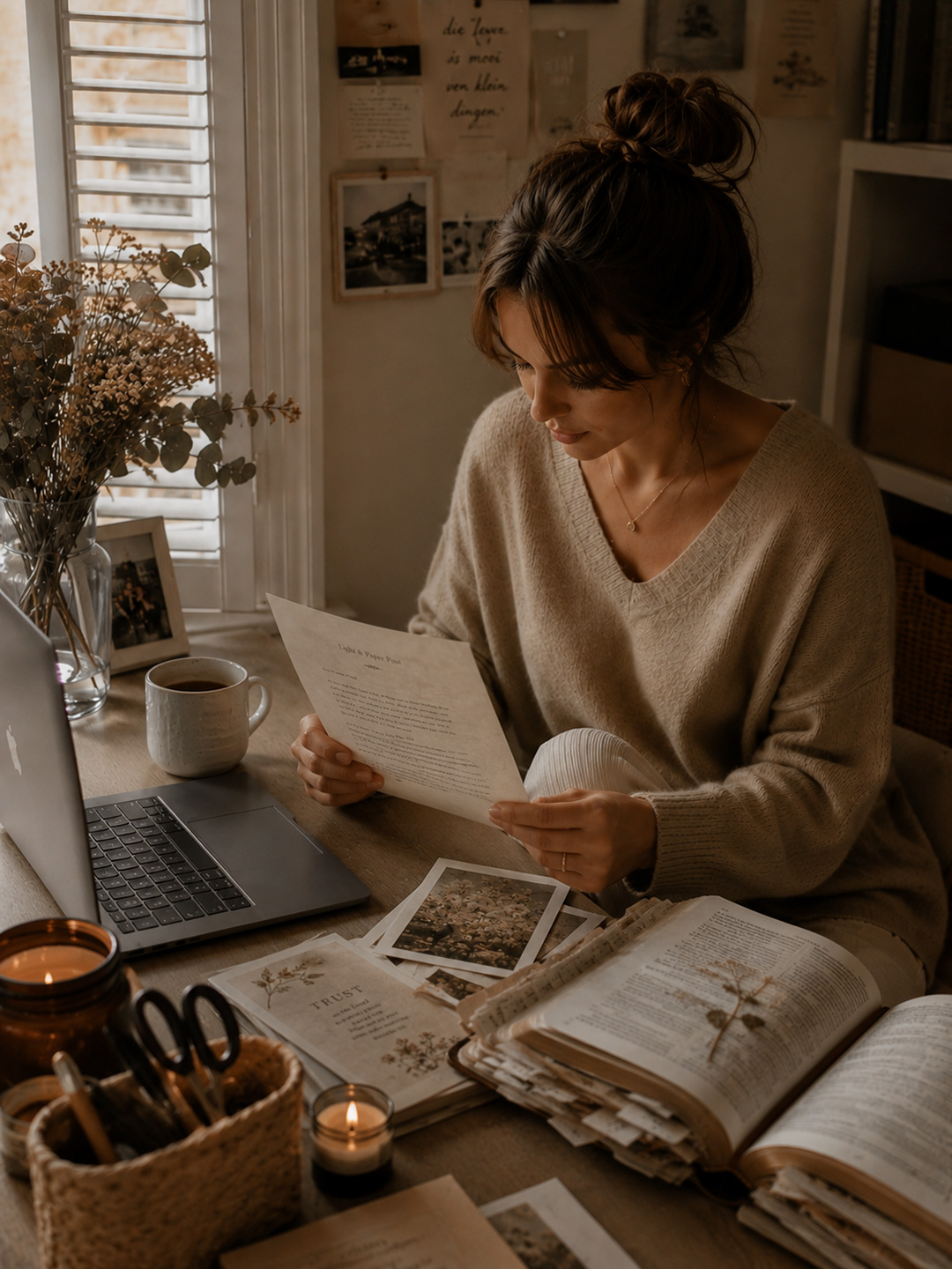 A woman reading her Light & Paper Post letter